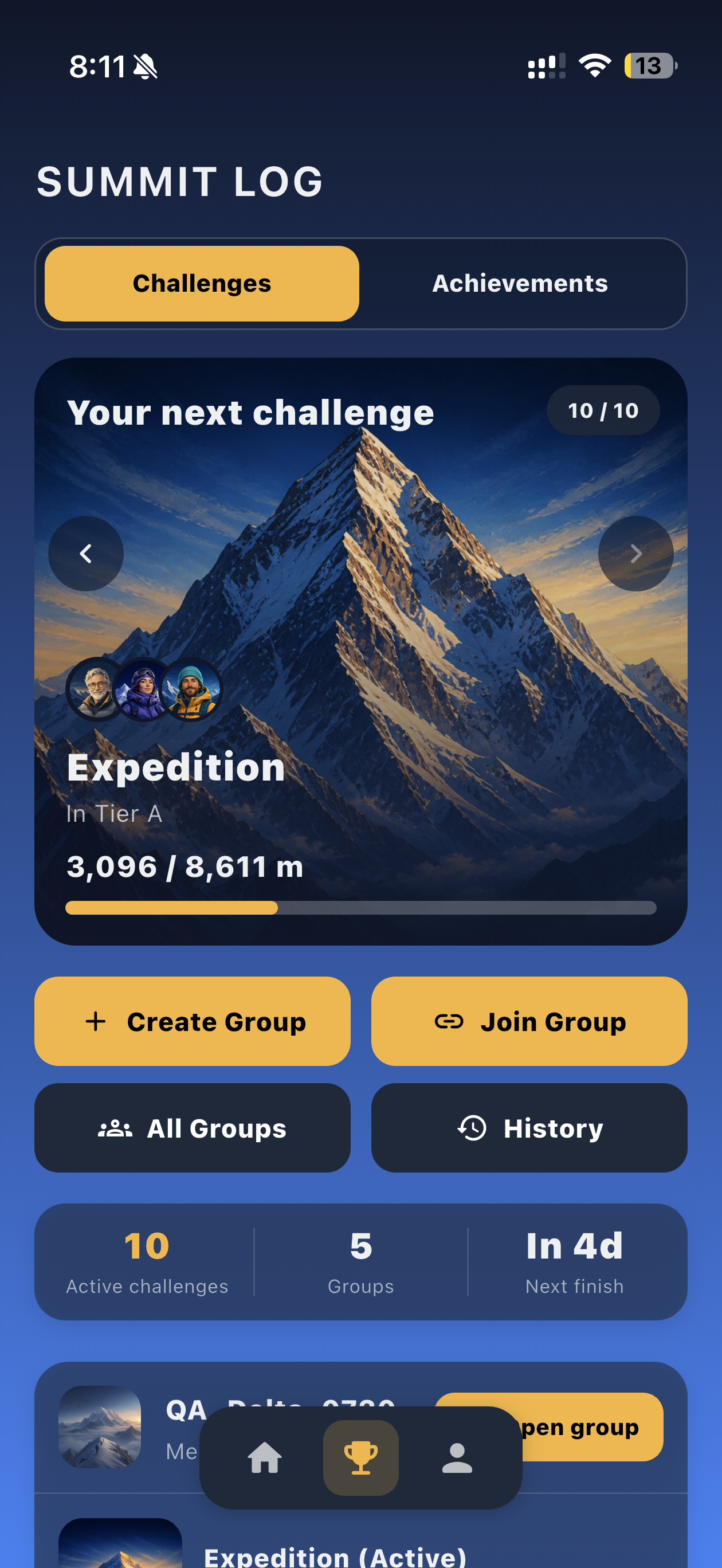 Vysota group challenge lobby with an expedition and friends