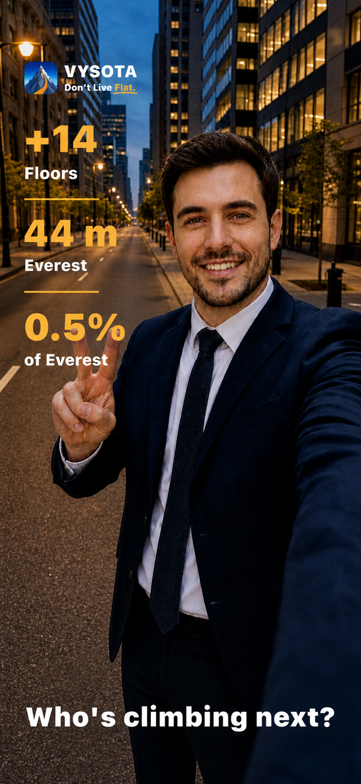 Vysota progress story over a selfie, showing floors, ascent, and Everest progress